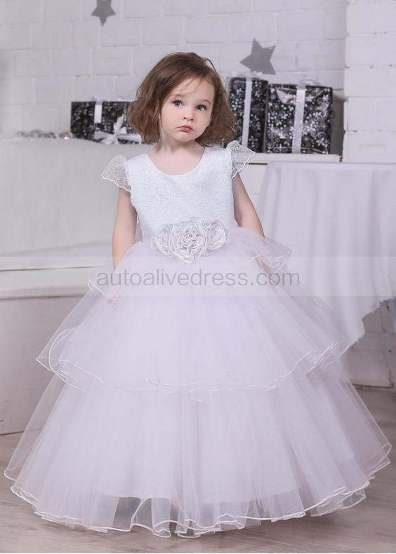 White Lace Tulle Layered Flower Girl Dress